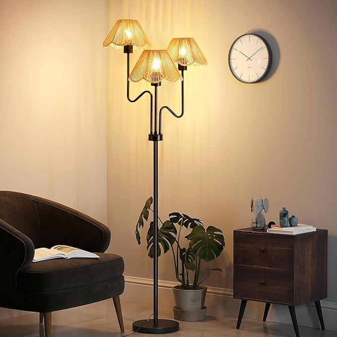 Rattan Floor Lamp for Living Room Bedroom,3-Light Floor Lamp with Remote Control,Boho Flower Lamp Black Tree Standing Lamp with 3 Color Temperature Tall Floor Lamps for Bedroom Corner