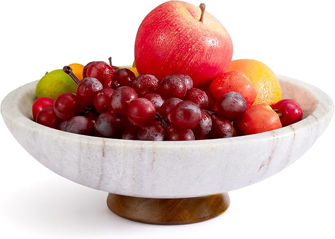 Gray Marble Fruit Bowl with Acacia Wood Pedestal, Large Decorative Footed Bowl, Natural Stone Centerpiece for Kitchen Counter, Entryway, Keys, Dining Table, House Warming Gifts New Home(11Inch)