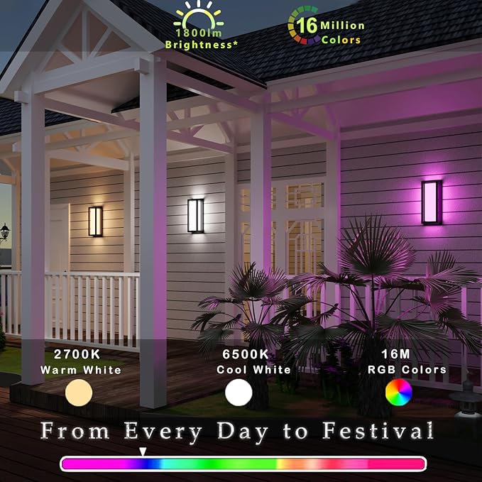 Color Changing Outdoor Wall Lights, Ambiance Exterior Wall Lights Up Down Lights Outdoor, Waterproof Square Porch Lights 2.4GHz WiFi APP Control Outdoor Light Fixture for Home Theater