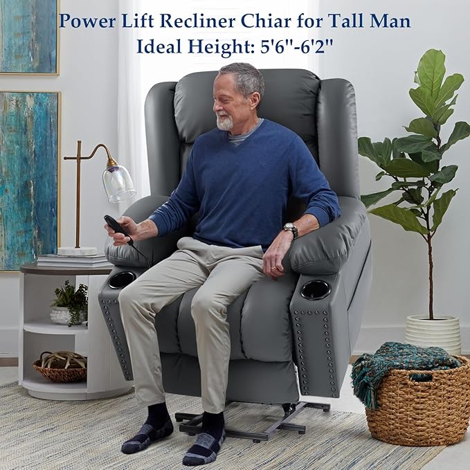 Large Power Lift Chairs Recliners for Big and Tall Elderly, 3 Position Lift Recliner Chair with Extended Footrest, Heating and Massage, USB-A USB-C, Cup Holder, Side Pocket, Grey