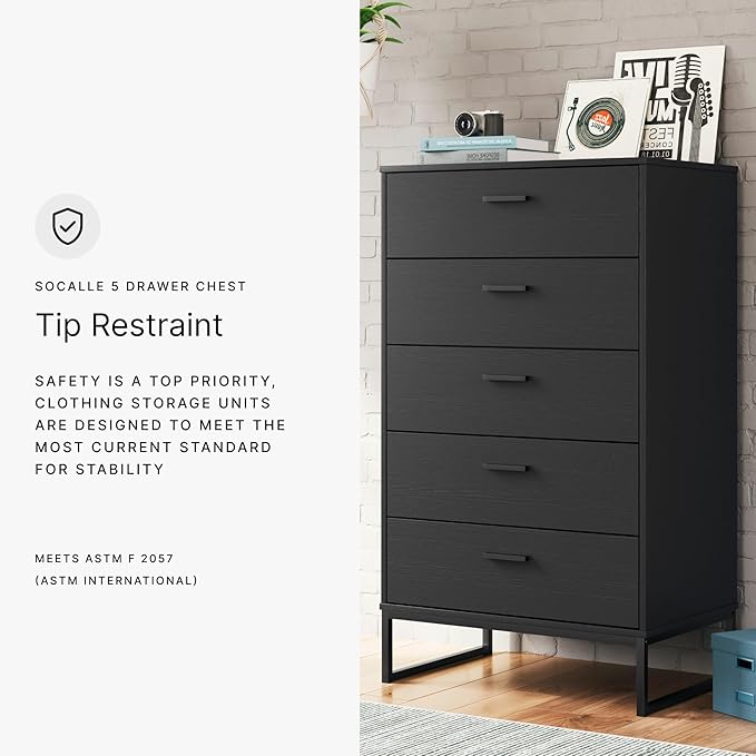 Signature Design by Ashley Socalle Modern 5 Drawer Chest with Safety Stop and Metal Legs for Bedroom, Black