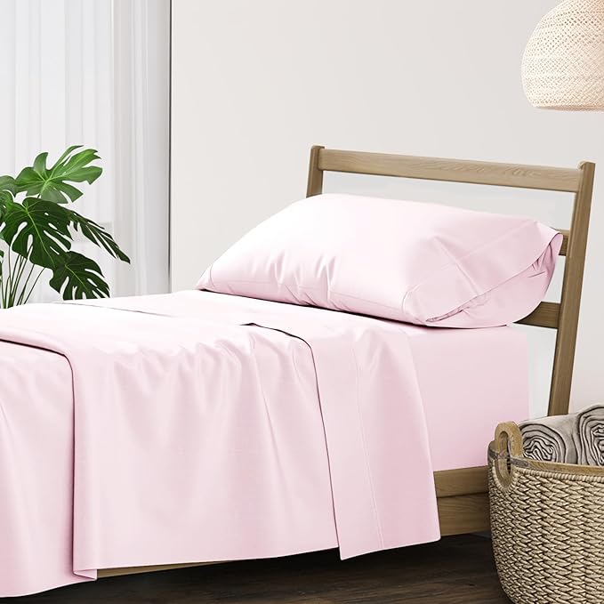 XOOX Linen 100% Cotton Twin XL Sheet Sets - 500 Thread Count Twin XL Sheets Cotton, Extra Soft, Sateen Weave, Cooling Deep Pocket Bed Sheet for Dorm Room, Luxury Hotel Quality Bedding (3 PC, Blush)