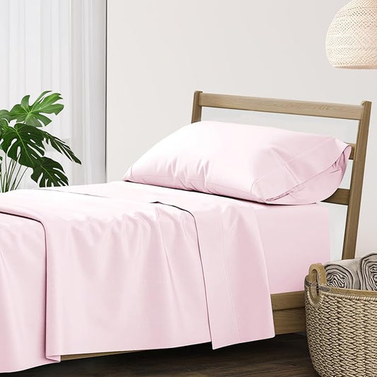 XOOX Linen 100% Cotton Twin Sheets Set - 500 Thread Count Cotton Sheets Twin Size, Extra Soft, Sateen Weave, Cooling Deep Pocket Bed Sheet for Dorm Room, Luxury Hotel Quality Bedding (3 PC, Blush)