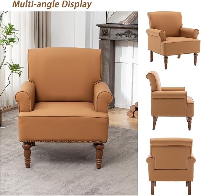 Accent Chair, Faux Leather Living Room Chairs with Nailhead Trim, Mid-Century Lounge Armchair with Solid Wood Legs, Comfy Reading Single Sofa for Bedroom, Waiting Room (Orange, 2 Chairs)