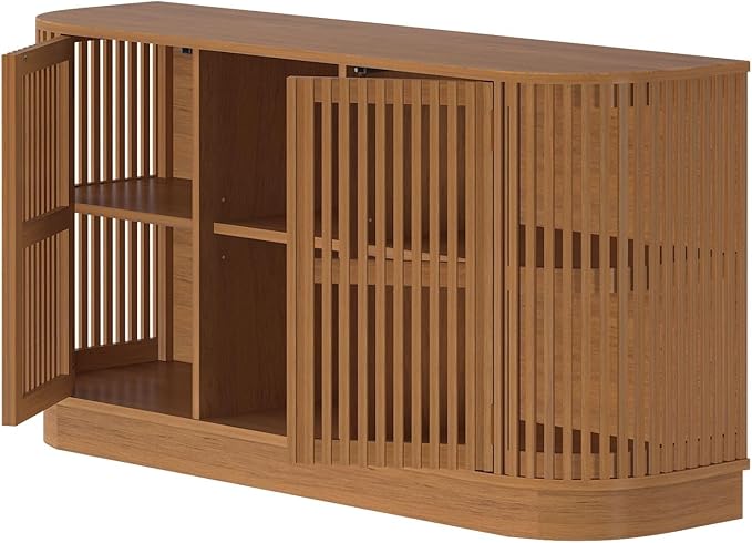 Plank+Beam Contour Wood TV Stand, Two Door Solid Wood Entertainment Console with Storage, 59" L x 16" W x 30" H, Pecan