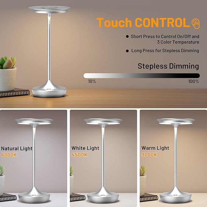 YHT Cordless Rechargeable Table Lamps, Portable 6000mAh Battery Desk Lamp Waterproof 3 Color Stepless Dimming LED Table Light with Memory Function for Outdoor/Dinning/Patio/Restaurant (Sliver 1Pack)