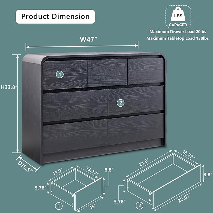 Modern 7 Drawers Dresser for Bedroom, 47" Wide Wood Dressers & Chests of Drawers w/Curved Profile Design, Mid Century Modern Dresser w/Natural Texture for Bedroom, Living Room, Black
