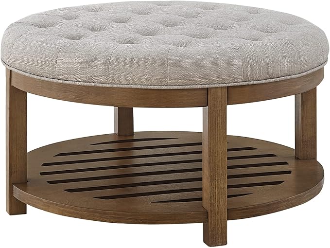 24KF Large Round Upholstered Tufted Linen Ottoman Coffee Table, Large Footrest Ottoman with Wood Shelf Storage-Iinen