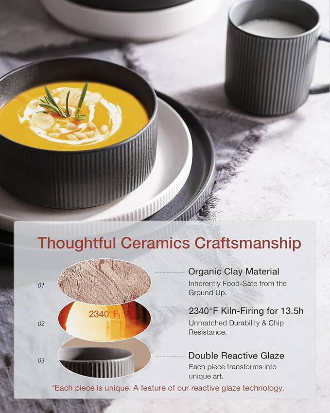 Famiware Star Dinnerware Set, Plates and Bowls Sets for 4 (12pcs), Ribbed Stoneware Dishes - Chip & Scratch Resistant, Microwave & Dishwasher Safe, Multicolor - Matte White & Matte Dark Charcoal