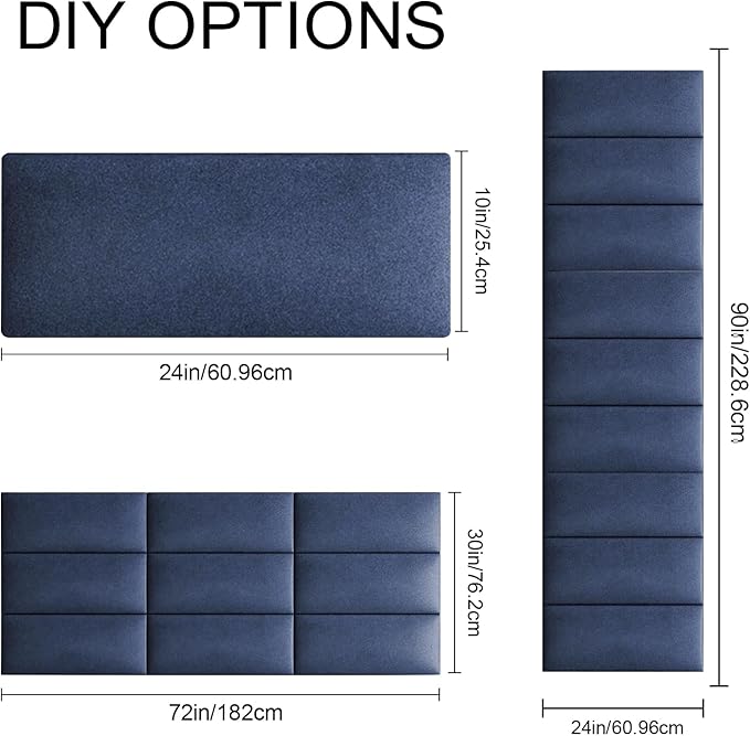 Upholstered Wall Mounted Headboard, 3D Soundproof Panels Peel and Stick for Queen Size, Adjustable Bed, Tufted, Blue (9 Panels, 10" x 24")