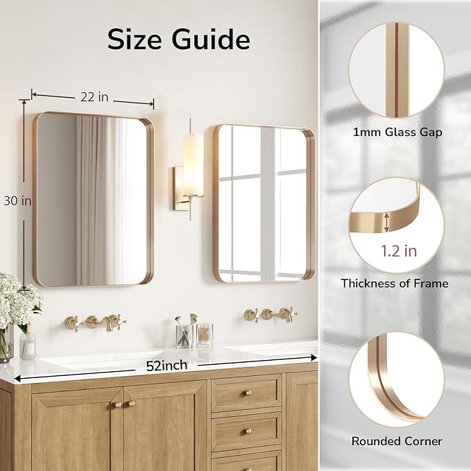 USHOWER Gold Bathroom Mirrors 22"x30" 2 Pack, Brushed Gold Rounded Rectangle Mirrors for Over Sink, Aluminum Frame, Anti-Rust, Tempered Glass, Horizontal or Vertical Mounted