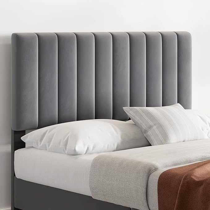 IDEALHOUSE Full Bed Frame with Velvet Headboard Adjustable, Strong Wooden Slat Support, No Box Spring Needed, Noise Free Sleep,Easy Assembly, Dark Grey