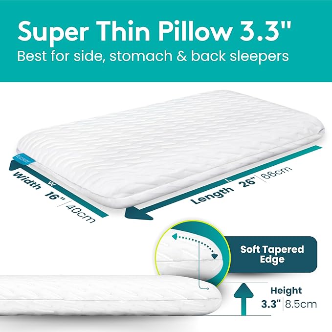 BLISSBURY Ultra Thin Memory Foam Pillow – Flat Slim Pillow for Stomach Sleepers | 3.3 Inch Stomach Sleeping Pillow for Better Neck Support & Comfort