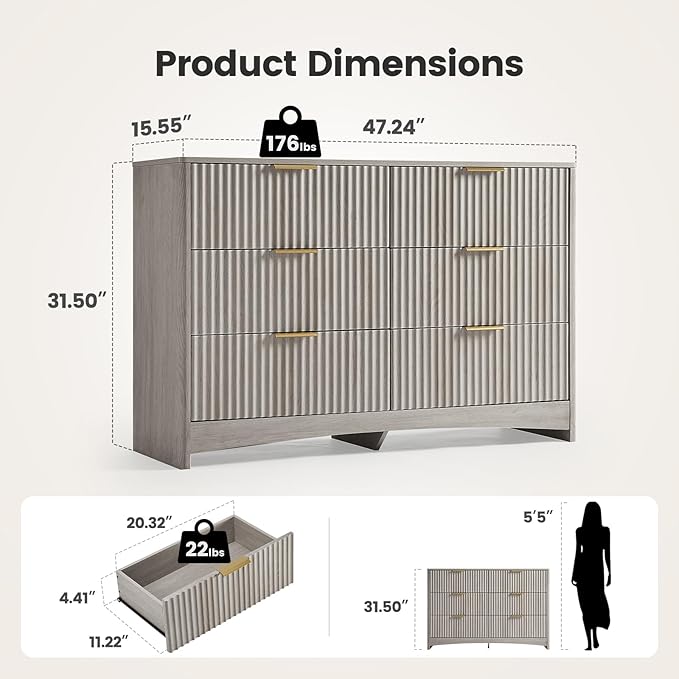 Amada Modern 6 Drawer Dresser, Fluted Wood Chest of Drawers with Rounded Corners, Pre-Installed Drawer Slides, Dresser TV Stand and Storage Organizer for Bedroom, Hallway, Grey