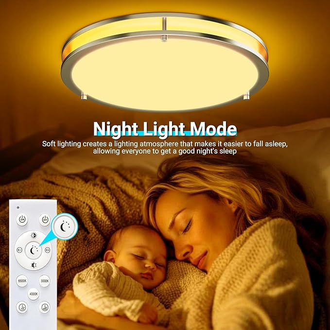 libtit 10Inch Flush Mount Ceiling Lights with Remote, 18W Dimmable LED Ceiling Light with Nightlight and Timer, 3000K-6500K Adjustable Brushed Nickel Light Fixture for Closet Kitchen Hallway-2Pack