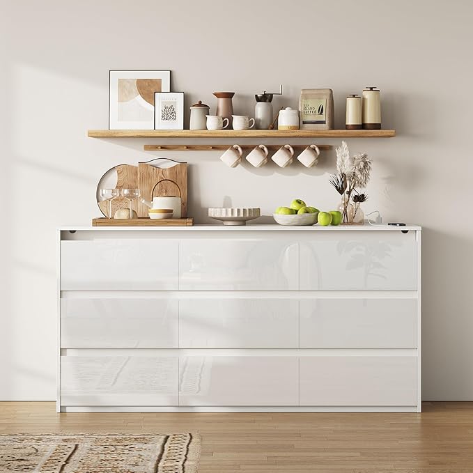 White TV Stand for Bedroom, Storage Cabinet with 9 Drawers Modern Large High Gloss Cabinet for Living Room Office (63" W)