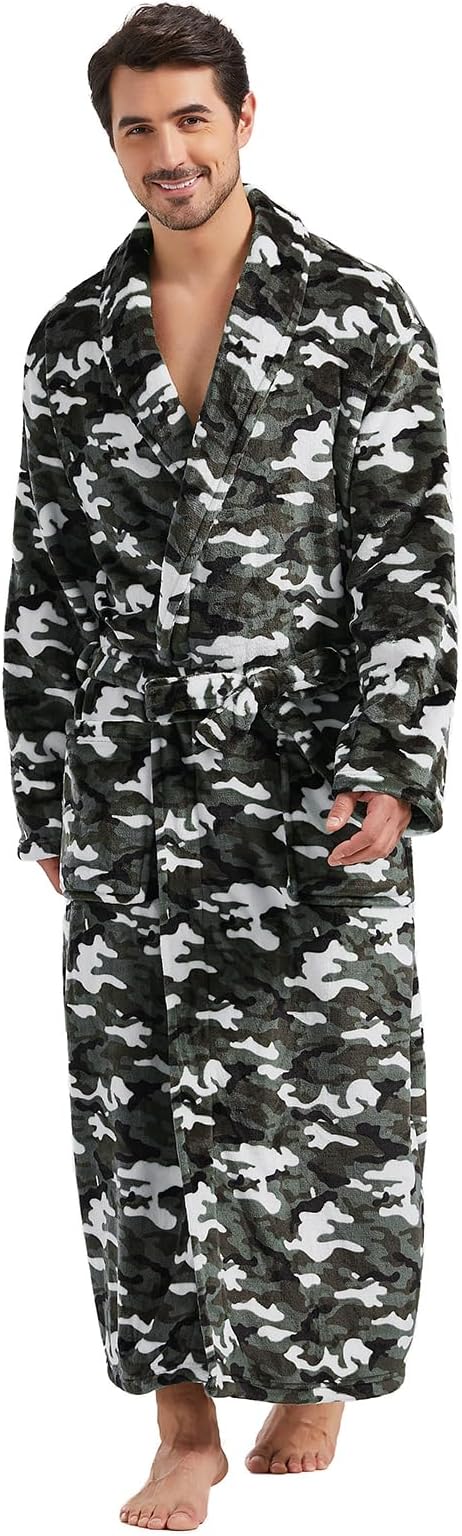 FashGudim Mens Robes Big and Tall Full Length Plush Fleece Long Robe for Men Bathrobe Shawl Collar Warm Winter House Robes