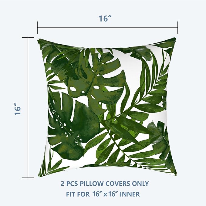 LVTXIII Outdoor Throw Pillow Covers 16 x 16 Inch, Covers ONLY Modern Cute Pattern Decorative Square Toss Pillow Case Pack of 2 for Home Patio Garden Sofa Bed Furniture, Palm Green