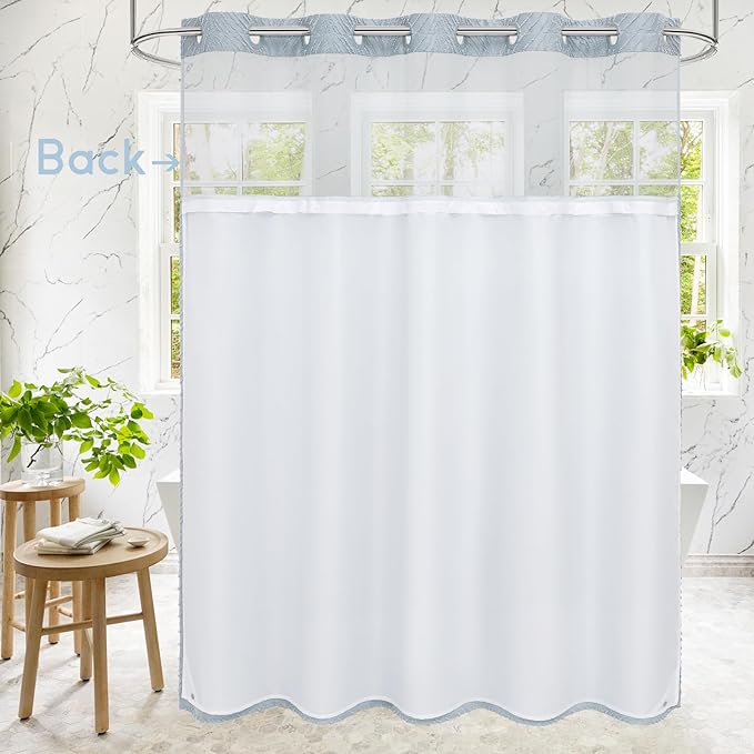 No Hook Extra Long Shower Curtain Set with Snap-in Liner, 86 inch XL Boho Blue Fabric Shower Curtains for Modern Bathroom Decor, Hotel Style Shower Curtain with See Through Top Window