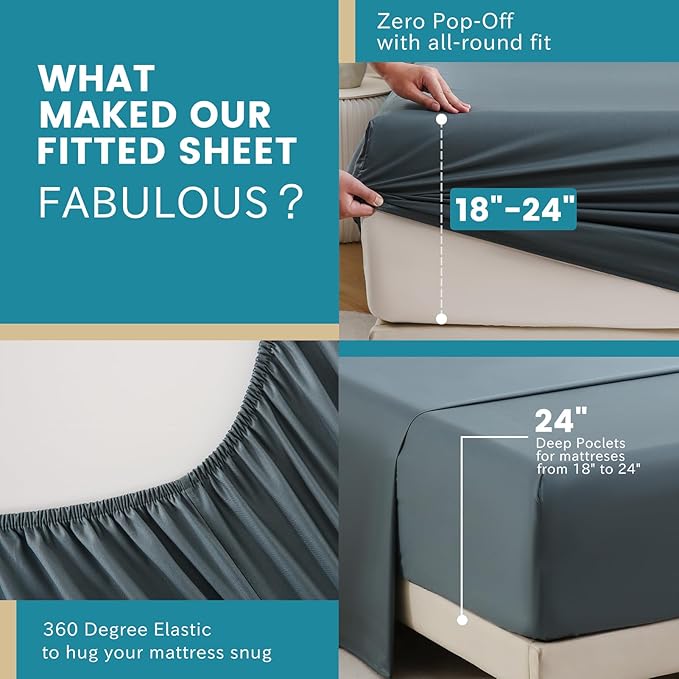 Bedlifes King Sheet Set, Extra Deep Pocket 18-24 Inches,1000Thread Count 100% Egyptian Cotton, Soft and Breathable Sateen 4-Piece,Lake Blue