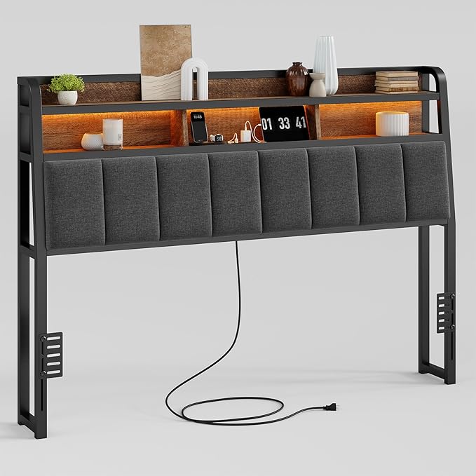Ergonomic Headboard for Queen Size Bed with 2-Tier Storage, Upholstered Headboards with Outlets, USB Ports, LED Light, Queen Head Board Only, Height Adjustable, Sturdy and Stable, Black & Brown