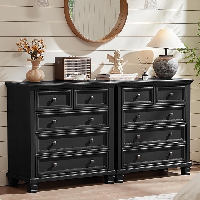 Farmhouse Black Bedroom Sets of 4, Includes 6 Drawer Large Dresser, Vintage Night Stand with 3 Drawers, Small 5 Chest of Drawers, Wood Rustic Dresser & Nightstand Set for Home, Living Room