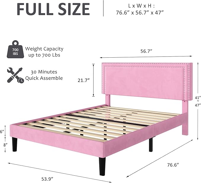 VECELO Full Size Bed Frame with Adjustable Upholstered Headboard, Wooden Slats Platform, Noise-Free Design, Easy Assembly