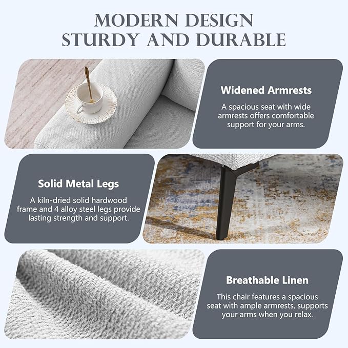 CDCASA Accent Chair, Linen Fabric Oversized Mid Century Modern Chair Set of 2, Comfy Upholstered Armchair Reading Accent Chairs Sofa Chairs for Bedroom Living Room, Light Gray