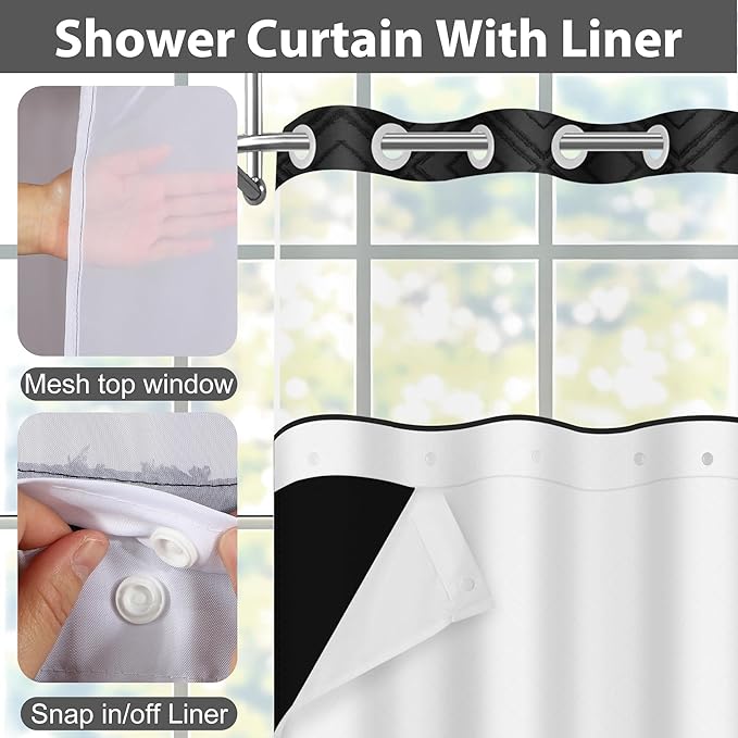 No Hook Shower Curtain Set with Snap in Liner, Black Jacquard Tufted Geometric Bath Curtain, Boho Luxury Hotel Bathroom Decor, Waterproof Washable, 71 x 74 Inch