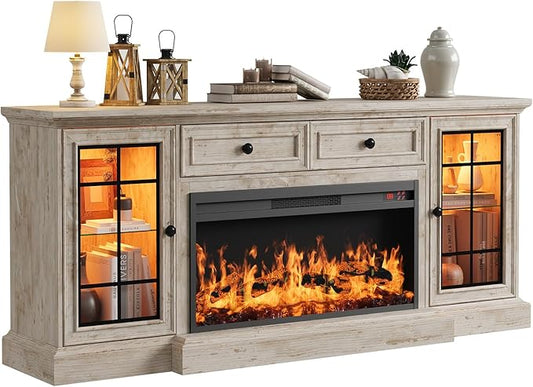 Fireplace TV Stand Up to 80" TVs, 70'' Modern Entertainment Center with 36" Electric Fireplace & LED Lights, Farmhouse Media Console with Storage Cabinet & Drawer for Living Room, Antique Brush Grey