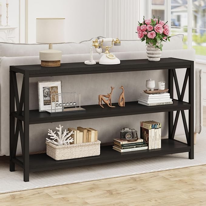 FATORRI Console Table for Entryway, Long Sofa Table with Shelves Under Window, Wood and Metal Hallway Tables for Foyer (55 Inch, Black)