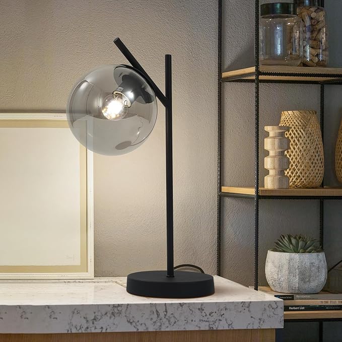 Black Table Lamp Vintage Metal Desk Lamp Modern Smoke Gray Glass Globe Nightstand Lamp Nordic Bedside Lamp for Living Room Bedroom Office