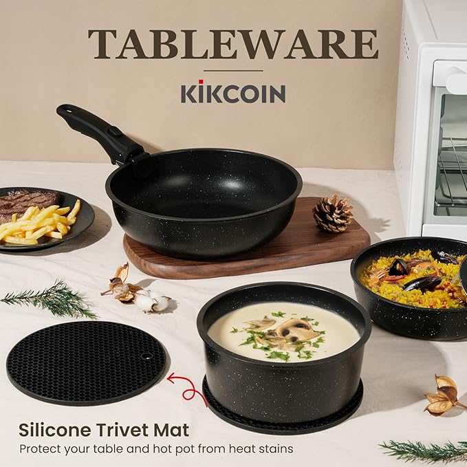 KIKCOIN 22 Pcs Pots and Pans Set Non Stick, Detachable Handle Cookware Sets Nonstick, RV Kitchen Cooking Set with Removable Handles, Frying Pans - Induction/Dishwasher/Oven Safe (Black)