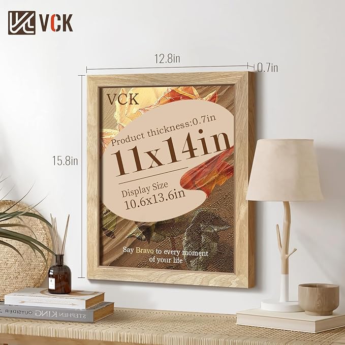 VCK 11x14 Natural Picture Frames 3 Pack, High-End Wood Wide Border Poster Frame, Multi-Directional Display Family Photos, Office Prints, Studio/Gallery/Home Artwork