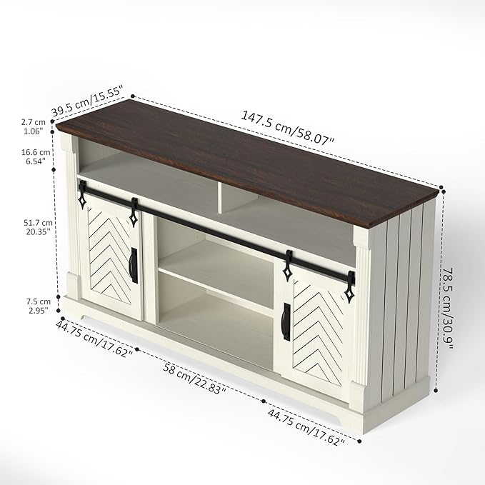 Farmhouse TV Stand for 65+ Inch TV, 31" Tall Entertainment Center with Sliding Barn Door, Rustic TV Stands for Bedroom with Adjustable Shelf, Wooden TV Consoles for Living Room, Antique White