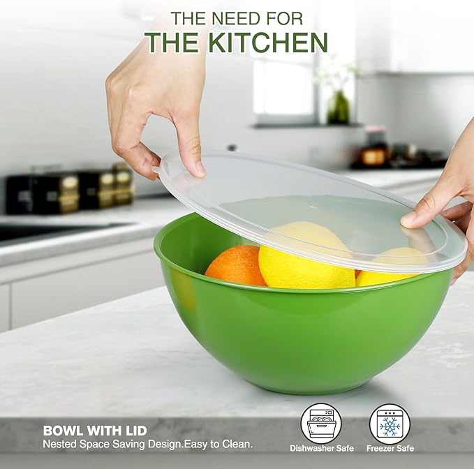 6-Piece Plastic Mixing Bowl Set with Lids for Kitchen, Nesting Storage Bowls for Baking, Prepping,Cooking and Serving Food, Dishwasher, Microwave Safe,Great for Mixing & Serving(6 Set-Red)