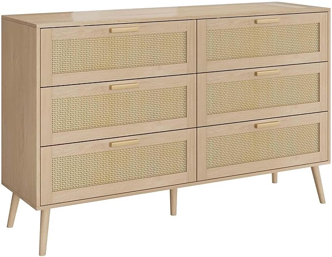 Rattan Dresser for Bedroom, Modern 6 Drawer Double Dresser with Gold Handles, 47" Wide Mid Century Modern Chest of Drawers with Sliding Drawers for Bedroom, Living Room or Hallway (Natural)