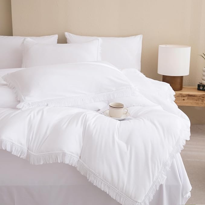 Andency White Comforter Set King Size with Sheets -7 Pieces Boho Tassel Bed in a Bag Soft Lightweight Bedding Sets, All Season Fringe Bed Set with Comforter, Sheets, Pillowcases & Shams