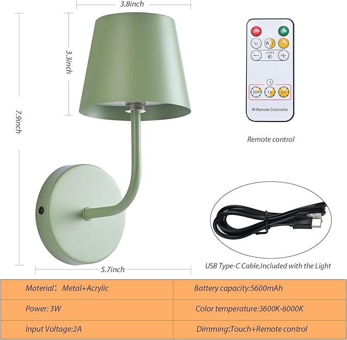LED Wireless Wall Lamp Set of 2, with 5600mAh Rechargeable Battery Powered Wall Sconces, Touch for Remote Control Infinite Dimming Be Used for Bedroom Mirror Living Room Wall Painting(Green)