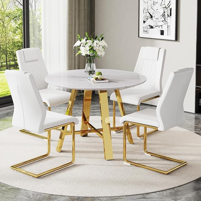 Round Dining Table Set for 4, Modern Kitchen Dining Table Chairs Set for 4, 42" Faux Marble Dining Room Table Set & 4 PU Leather Chairs for Kitchen Living Office Cafe Small Space