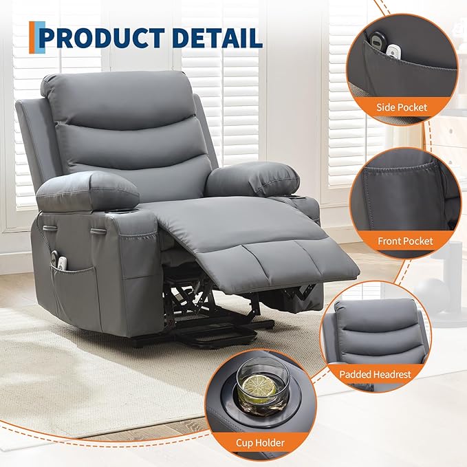 Power Lift Recliner PU Chair for Elderly, with Massage & Heat, Big and Tall Living Room or RV Single Sofa for Adults, 135° Reclining Accent Chairs, 2 Cup Holders and Side Pockets (Gray Leather)