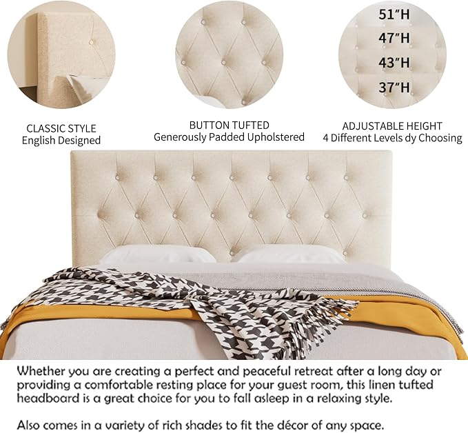 Rosevera Givanna Adjustable Height Headboard with Linen Upholstery and Button Tufting for Bedroom, Queen, Natural Linen
