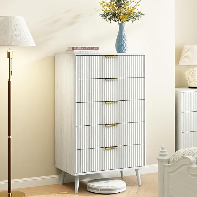 CARPETNAL Fluted 5 Drawers Dresser for Bedroom, 45”Tall Modern Chest of Drawers with Deep Drawers,Curved Profile Design, Wood Drawer Organizer for Living Room, Hallway, White