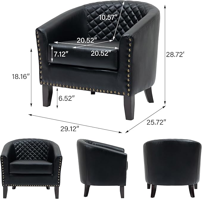 Accent Barrel Chair, Upholstered Faux Leather Club Chair with Nailed Trim, Comfy Reading Armchair for Living Room Bedroom Reception Room Office (Black, Set of 1)