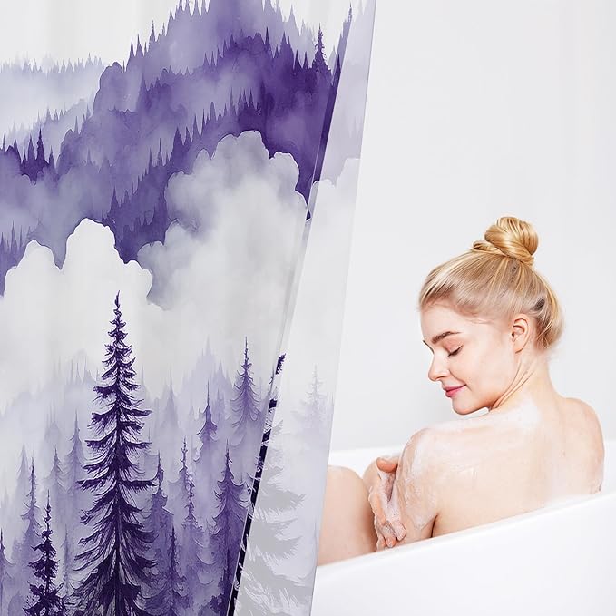Purple Misty Pine Forest Shower Curtain, Mountain Foggy Woodland Scenery Tree Shower Curtains for Chic Rustic Bathroom, Abstract Modern Waterproof Nature-Themed Decor, 72x72 Inches