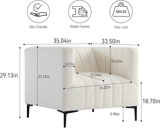 Get Set Style Modern Accent Single Sofa Chair with Arms,Tufted Boucle Upholstered Comfy Reading Arm Chair,Thick Seat Cushion Chair for Living Room Bedroom Study Studio Lounge, White