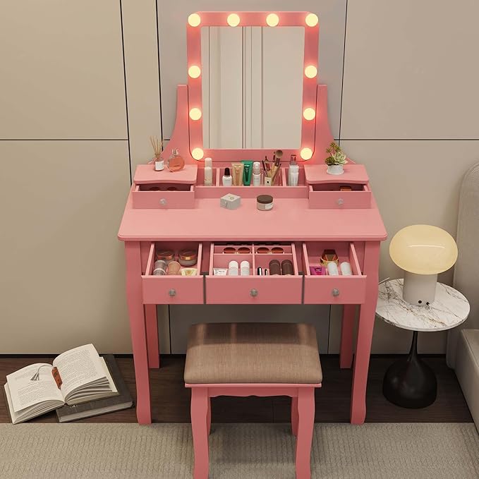 Vanity Desk with Mirror and Lights Makeup Vanity Desk with Lights Pink Vanity Table with Drawers and Chair Make Up Vanity with Lighted Mirror