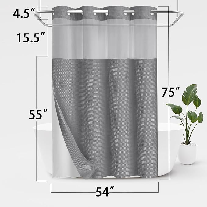 YellyHommy No Hook Shower Curtain with Snap in Liner Set Less Time Grey Waffle Shower Curtain for Bathroom 75" L x 54" W Gray