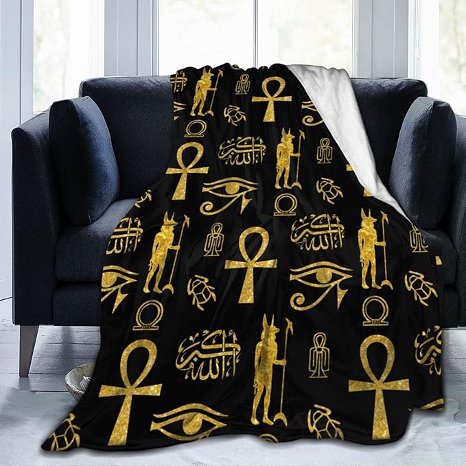 Ancient Egyptian Ankh Cross Gold Allahu Akbar Anubis Blankets for Mens Womens Boys Girls Gifts 60X50 Inches Ultra-Soft Warm Lightweight Bedding Throw for Bed, Sofa, Couch