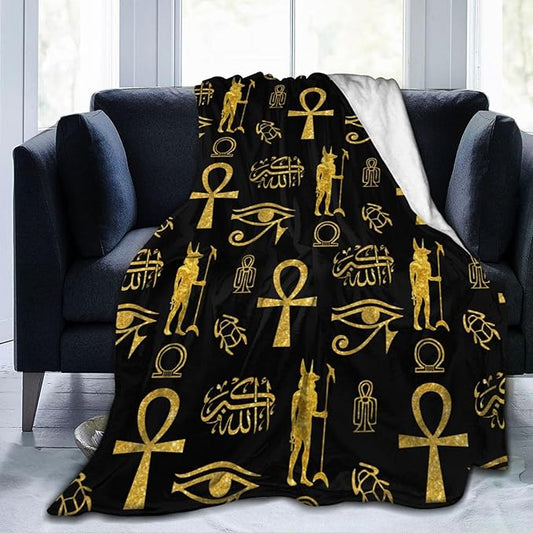 Ancient Egyptian Ankh Cross Gold Allahu Akbar Anubis Blankets for Mens Womens Boys Girls Gifts 60X50 Inches Ultra-Soft Warm Lightweight Bedding Throw for Bed, Sofa, Couch
